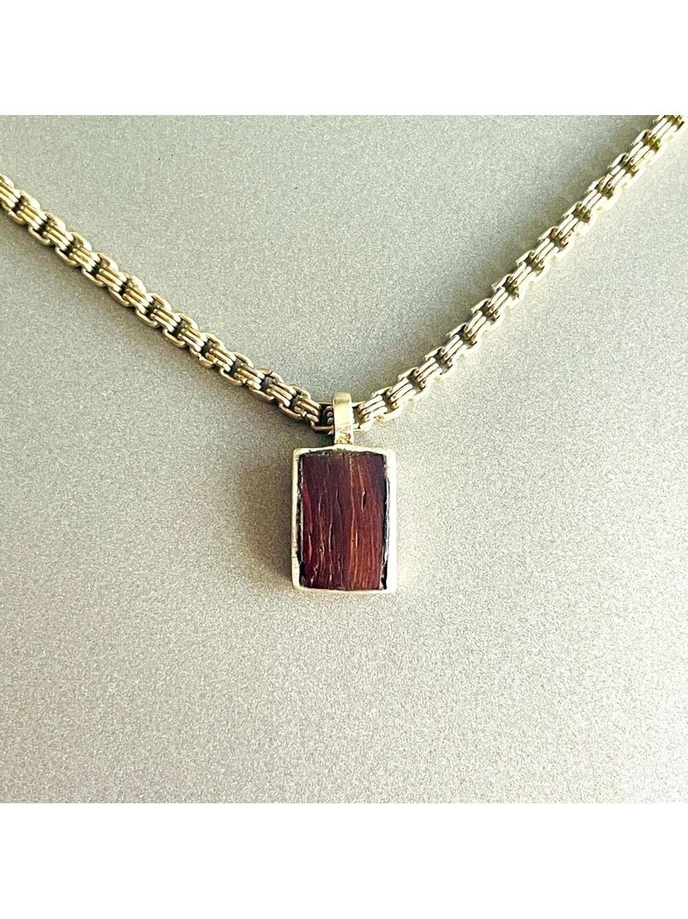 Vintage Liz Claiborne Wood Inlay Slider Charm Pendant Sterling Silv Necklace
